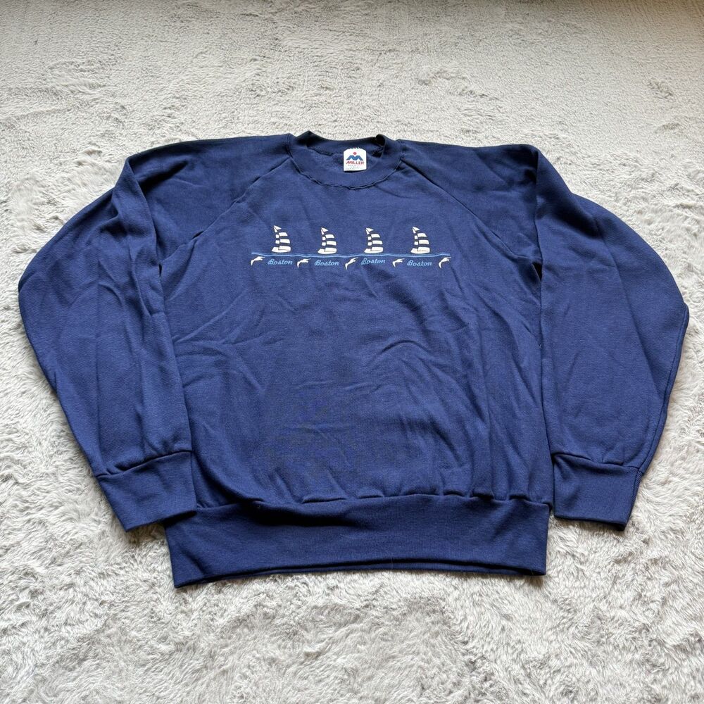 VINTAGE 1990S NAVY BLUE CREWNECT SWEATSHIRT NAUTICAL SAILBOAT GRAPHIC USA LARGE
